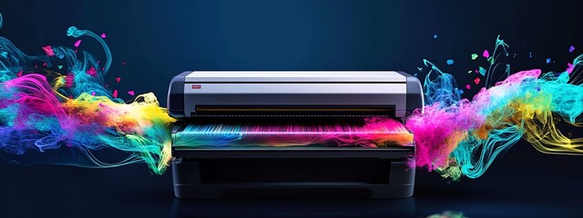 Advanced Color Printer Releasing Vibrant Streamers and Ink Splashes on Dark Blue-Green Background