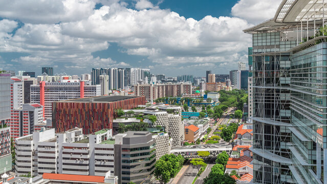 Singapore skyline with Victoria street and National Library aerial timelapse hyperlapse.