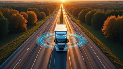 Illustration of autonomous truck driving on highway. Traffic sensors scan surroundings. Cargo delivery, future transportation powered by AI. Self driving vehicle on road.