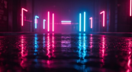 A futuristic neon-lit corridor with reflective surfaces, featuring a digital code projected on the walls. 