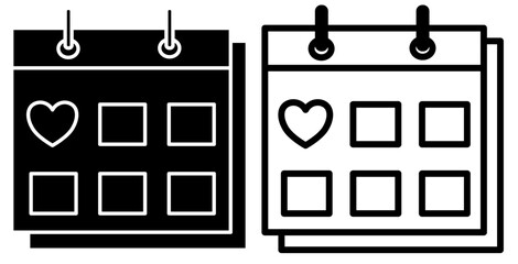 calendar icon with heart marker. Visual representation for wedding date, anniversary or other important romantic event, suitable for web, mobile, print and digital designs related to love and memories
