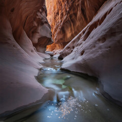 Explore a stunning slot canyon with flowing water and dramatic sandstone walls.