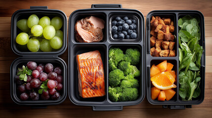 Meal prep lunchbox with grilled salmon, broccoli, blueberries, grapes, walnuts and orange slices for balanced healthy diet