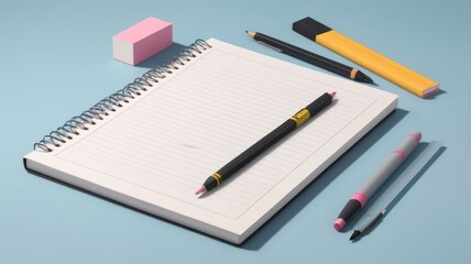Stationery on a light blue surface