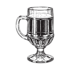 Beer Glass Doodle Art in black and white ink on a Transparent PNG Background, super detailed clean doodle