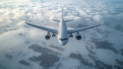 Airplane soars above a snowy landscape