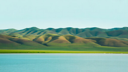 Rolling green hills meet a serene lake under a clear, bright blue sky.