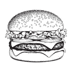 Hamburger Doodle Art in black and white ink on a Transparent PNG Background, super detailed clean doodle