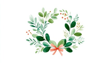A delicately painted watercolor wreath of vibrant leaves adorned with a soft peach bow evoking a sense of nature and