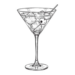 Martini Cocktail Doodle Art in black and white ink on a Transparent PNG Background, super detailed clean doodle