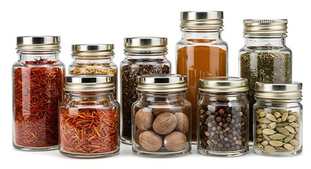 Assortment of aromatic spices in glass jars, ready for culinary use.