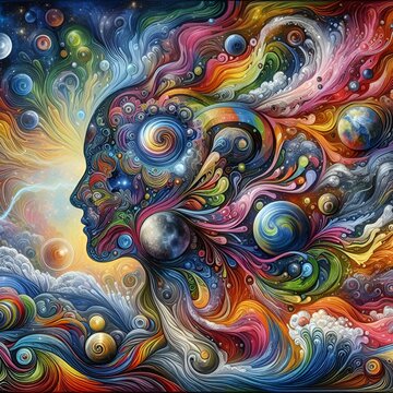 Professional Mural with Cosmic Nature Inspired Inner Peace Joyous Turbulence of Dense Vibrant Mind Self Body Spirit Psychedelic Rainbow Tide of Colors of the Multiface of Navigating, Wave of Life Art