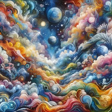 Professional Mural with Cosmic Nature Inspired Inner Peace Joyous Turbulence of Dense Vibrant Mind Self Body Spirit Psychedelic Rainbow Tide of Colors of the Multiface of Navigating, Wave of Life Art