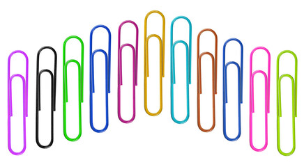 Colored paper clips collection isolated on a white background, top view. Office and school supplies.