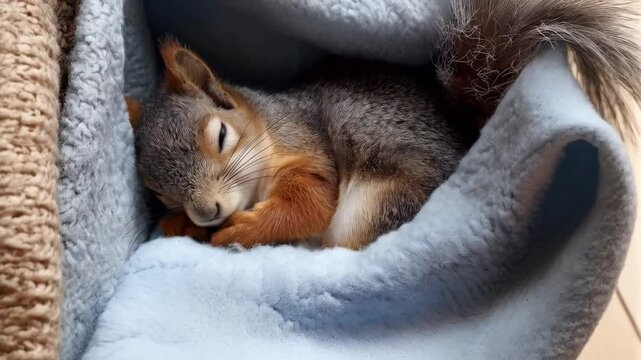 Cute squirrel sleeping peacefully in cozy blanket during early morning hours in a warm setting