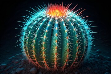 Obraz premium Vibrant glowing barrel cactus with neon spines in surreal desert night, high-resolution digital illustration, fantasy nature art