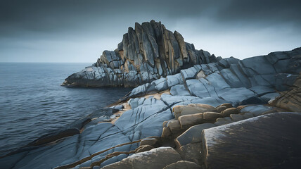 The dramatic coastline features striking rock formations along the ocean.