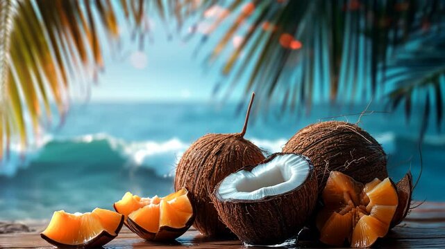Fresh coconut on tropical beach. Summer vacation concept.

