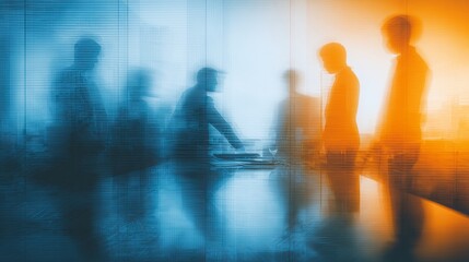 Abstract Business Meeting Silhouettes Blue Orange Tones Modern Corporate Teamwork Professional Collaboration Office Workers Blurred Figures Dynamic Energy Successful     