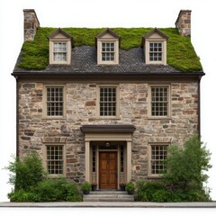 Stone house with a moss roof on white background
