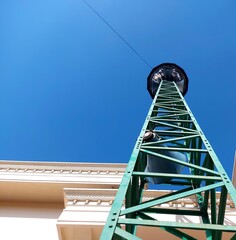 Mosque loudspeaker tower. Minaret on a mosque tower with loudspeakers to broadcast the prayer calls.