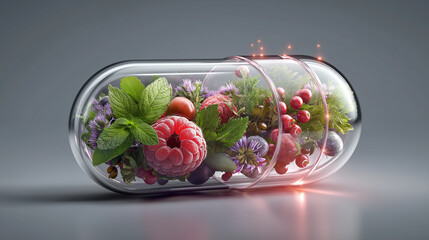 Transparent capsule filled with raspberries, herbs and flowers symbolizing natural vitamins, organic supplements and wellness concept