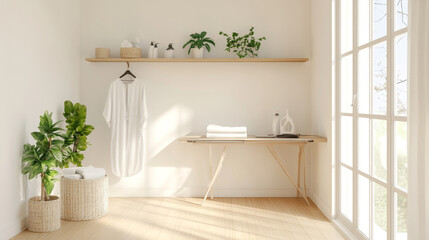 A bright laundry space is equipped with an ironing board, a wooden floor, and a minimalistic white wall, reflecting neat organization
