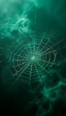 AI generated image of green smoke and spiderwebs. Halloween background