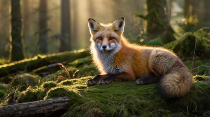 Naklejka premium Red fox Vulpes vulpes cub in the woods, a wild animal mammal predator