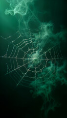 AI generated image of green smoke and spiderwebs. Halloween background