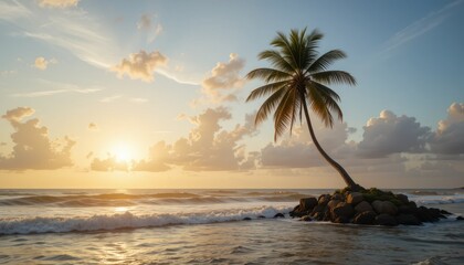 Tropical sunset over the beach, silhouetting palm trees against the vibrant sky