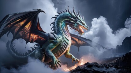 Fototapeta premium The Emerald Dragon Rises Through Thunderous Skies