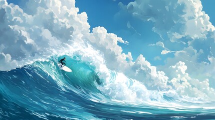 Surfer riding a large wave under a dramatic sky.