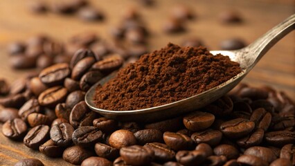 coffee in a metal scoop surrounded by roasted coffee beans, showcasing rich texture and deep brown tones.