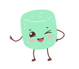 Vector illustration of a winking green marshmallow with a happy face. Flat isolated illustration.