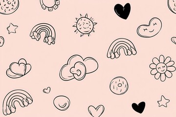 Cute whimsical cartoon icons seamless pattern