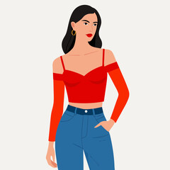 Fototapeta premium Stylish Woman in Red Off Shoulder Top and Blue Jeans