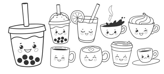 Vector illustration of black and white coffee, bubble tea and juice cups with kawaii faces. Fun outline illustration for coloring.