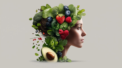 Artistic female portrait with hairstyle made of fruits and vegetables, symbolizing healthy living and eco-conscious lifestyle