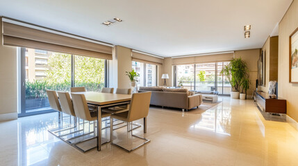 Fototapeta premium A panoramic view of a contemporary apartment's interior reveals a modern dining setup beside an empty living room with a neutral beige wall. 