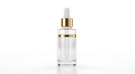 Blank transparent skincare serum dropper bottle mockup with gold accents, isolated on white background