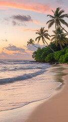 A stunning sunset paints the sky above a tropical beach with palm trees.