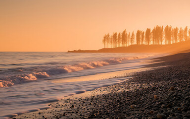 The sun sets over a peaceful beach, painting the sky in warm hues.
