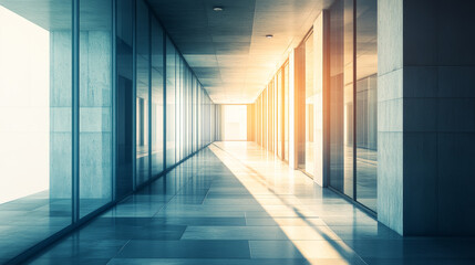 A vacant office corridor features transparent glass walls and doors, emphasizing modern architectural openness.
