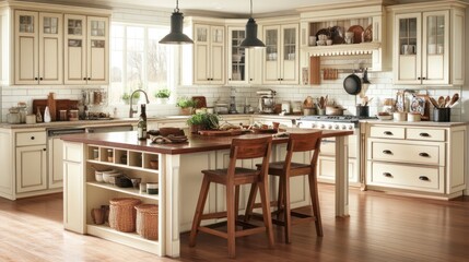 Cream-colored kitchen with island and wooden accents.