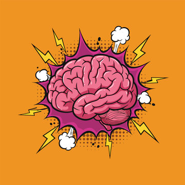 pop art brain with dynamic explosion doodles and lightning sparks on vibrant orange