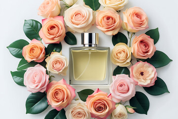 Perfume bottle with silver cap among roses on pink background.