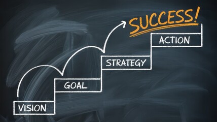 Strategy to success illustrated on chalkboard with step-by-step staircase diagram. Business success, strategic planning, achievement steps, motivational growth.
