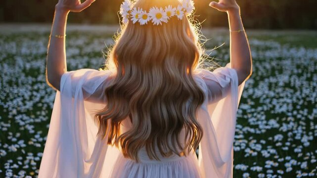 Young woman in white dress and daisy wreath celebrating summer solstice outdoors. Slavic midsummer folklore ritual. Solstice festival. Kupala night.