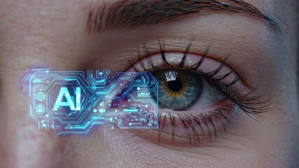 Futuristic ai interface scan on caucasian woman's eye with blue circuitry elements - Powered by Adobe